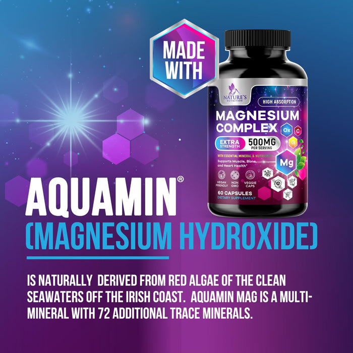 Magnesium Complex 500mg with Glycinate, Malate, Citrate, Oxide - High Absorption Chelated Magnesium Capsules - Dietary Supplement for Muscle, Heart, Bone Support