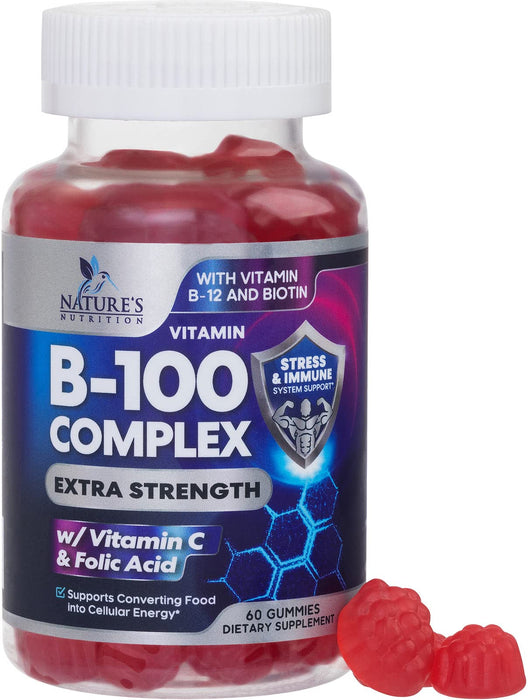 Nature's Nutrition - Nature’s Super B Complex Gummy with Vitamin C & Folic Acid, Extra Strength Vitamin B Supplement Complex with Niacin, B6, Folic Acid, B12, Biotin