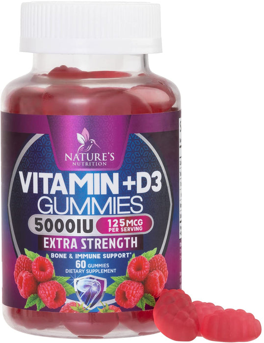 Vitamin D3 Gummies 5,000 IU Extra Strength 125 mcg D3 Supplement Gummy - Support Natural Bone, Muscle, & Immune Health - Gluten Free - Non-GMO - Nature's Raspberry Flavor