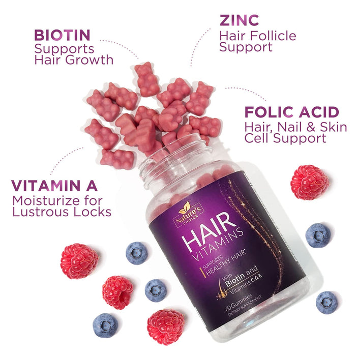 Hair Vitamins Gummies with Biotin 5000 mcg Vitamin E & C Support Hair Growth Gummy, Premium Vegetarian Non-GMO, for Stronger, Beautiful Hair, Skin & Nails, Biotin Gummies Supplement - 60 Gummy Bears
