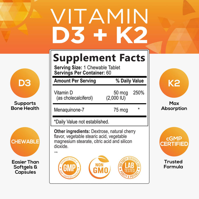 Vitamin D3 K2, Max Absorption 2000 IU (50 mcg) Vitamin D K2 MK-7 Complex for Bone Strength, Teeth, Muscle, Heart & Immune Health Support, Nature's Supplements, Easy to Swallow