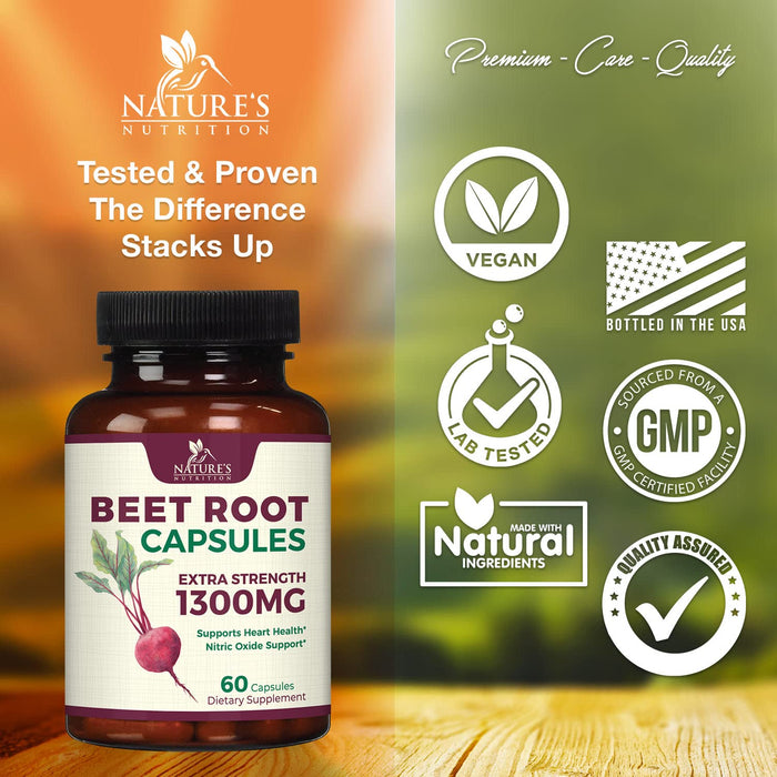Beet Root Powder Capsules - Supports Athletic Performance, Digestive Health, Immune System - Nature's Beet Root Extract Supplement 1300mg per Serving - Vegan, Gluten Free, Non-GMO