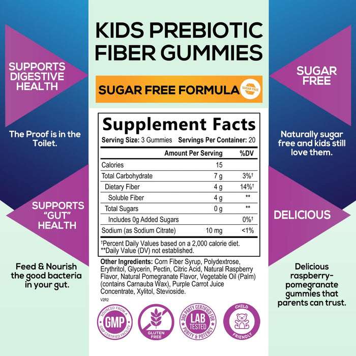 Kids Fiber Gummy Bears Supplement - Sugar Free Daily Prebiotic Fiber for Kids, Supports Regularity, Digestive Health & Immune Support - Nature's Plant Based Vitamins, Vegan, Berry Flavor - 60 Gummies