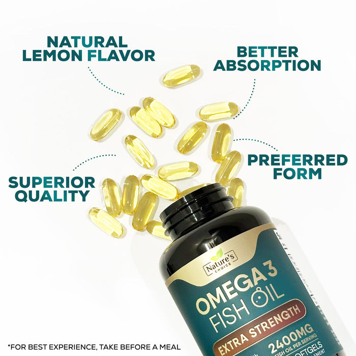 Triple Strength Omega 3 Fish Oil 2400 mg Softgels, Nature's Fish Oil Supplements, Brain & Heart Health Support - EPA & DHA, 1200 MG Fish Oil in Each Softgel, Omega-3 Supplement Softgels