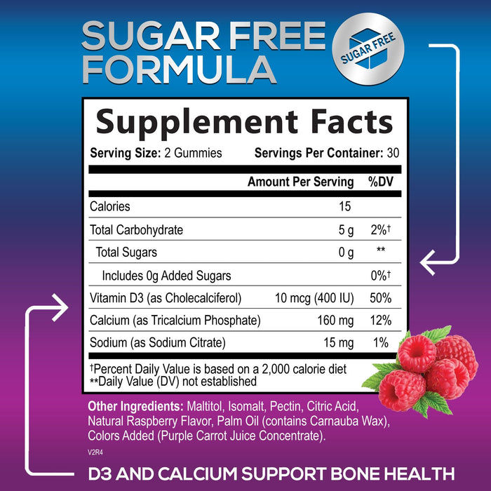 Sugar Free Calcium Gummy Bites Plus 400 IU Vitamin D3, Bone Health & Immune Support, Supports Bone Strength - Chewable Calcium Nutrition Supplement, Non-GMO, Berry Flavor Chews