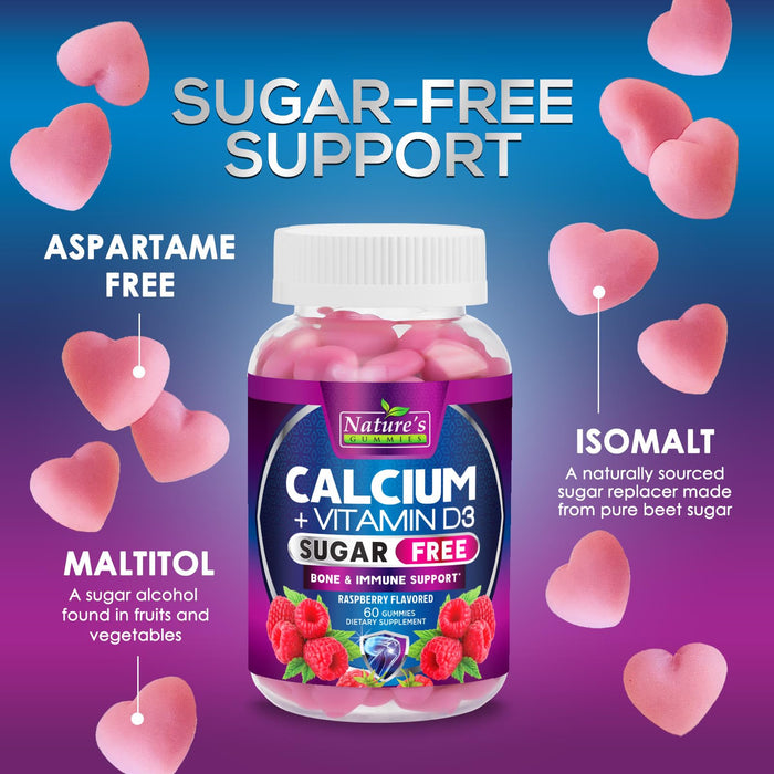 Sugar Free Calcium Gummy Bites Plus 400 IU Vitamin D3, Bone Health & Immune Support, Supports Bone Strength - Chewable Calcium Nutrition Supplement, Non-GMO, Berry Flavor Chews