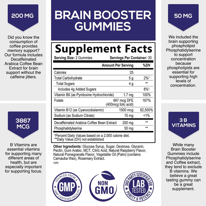 Nature's Nutrition Brain Supplement Gummy for Memory, Focus & Concentration Support Gummies Plus Nootropics, Phosphatidylserine & Vitamins B6 & B12 - Caffeine Free Nootropic Brain Health - 60 Gummies