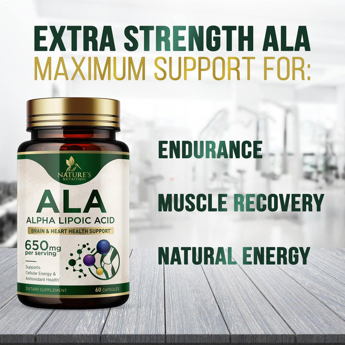 Alpha Lipoic Acid 600mg Plus - Pure ALA Supplement Non-GMO & Gluten Free, Supports Cellular Energy & Antioxidant Health, Extra Strength Lipoic Acid 650mg, Brain & Heart Support - 60 Capsules