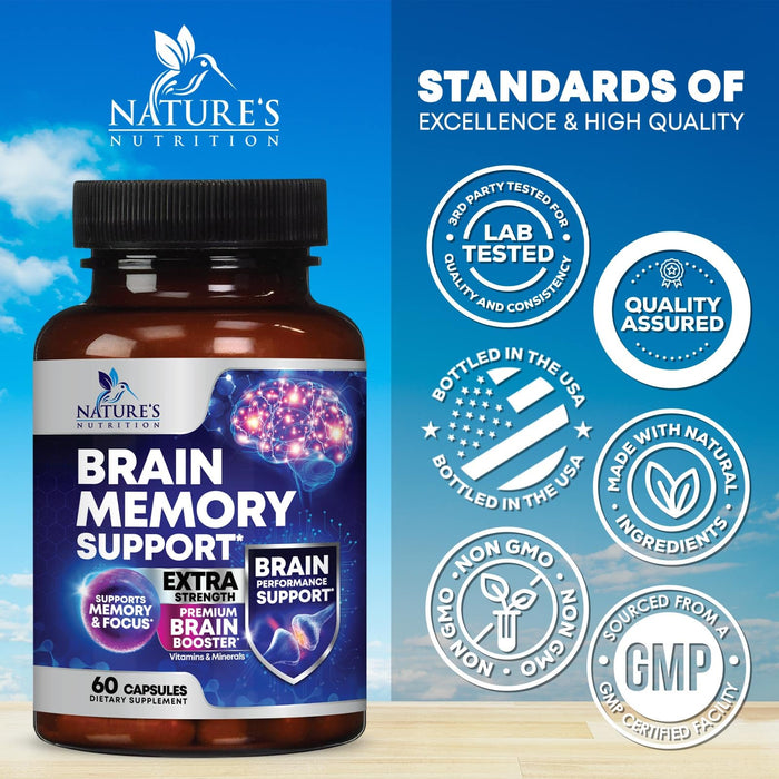 Nootropic Brain Supplement for Memory, Focus & Concentration - Cognitive Support Brain Booster Supplement with Phosphatidylserine & DMAE Bacopa - Brain Vitamins for Men & Women, Non-GMO