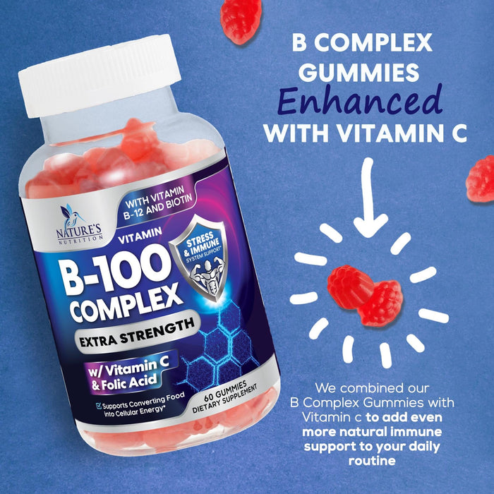 Nature's Nutrition - Nature’s Super B Complex Gummy with Vitamin C & Folic Acid, Extra Strength Vitamin B Supplement Complex with Niacin, B6, Folic Acid, B12, Biotin