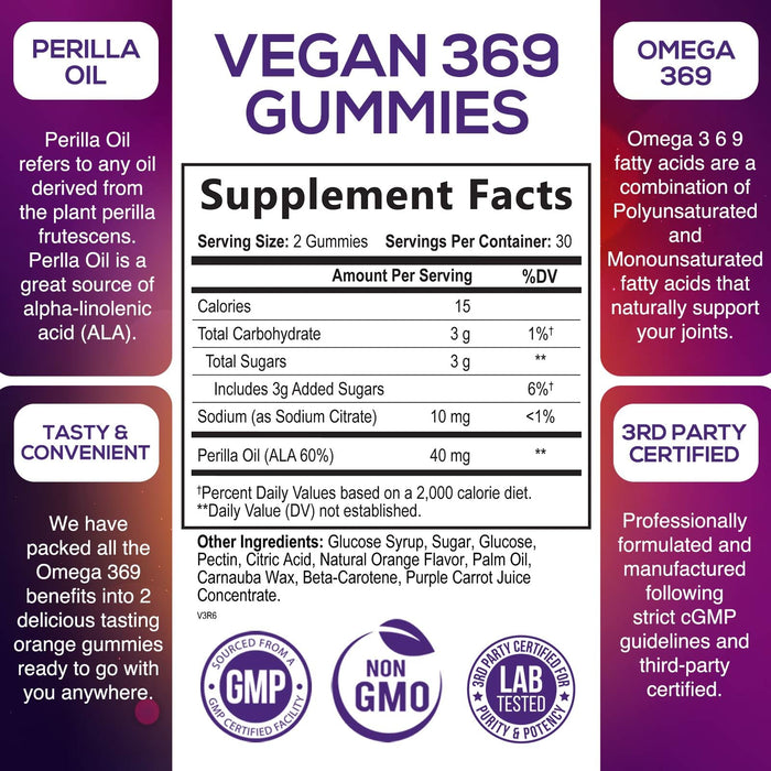 Omega 3 6 9 Vegan Gummies - Triple Strength Omega 3 Supplement Essential Oil Gummy - Supports Heart, Brain & Immune Health for Women, Men, Kids, & Pregnant Women, Non-GMO, Orange Flavor