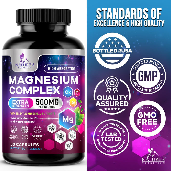Magnesium Complex 500mg with Glycinate, Malate, Citrate, Oxide - High Absorption Chelated Magnesium Capsules - Dietary Supplement for Muscle, Heart, Bone Support