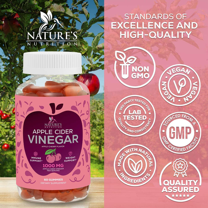Nature's Nutrition - Vegan Apple Cider Vinegar Gummies 1000mg for Detox Cleanse - Natural Digestion & Immune Health Support, Vitamins B12, Folic Acid, ACV Gummy Supplement