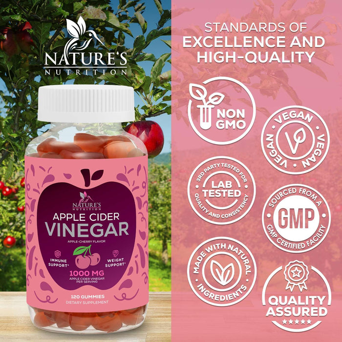 Nature's Nutrition - Vegan Apple Cider Vinegar Gummies 1000mg for Detox Cleanse - Natural Digestion & Immune Health Support, Vitamins B12, Folic Acid, ACV Gummy Supplement