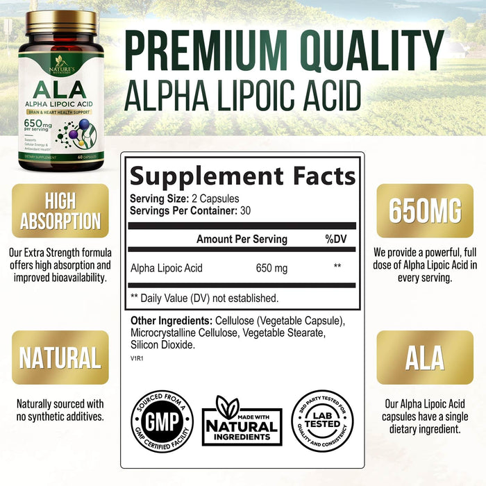 Alpha Lipoic Acid 600mg Plus - Pure ALA Supplement Non-GMO & Gluten Free, Supports Cellular Energy & Antioxidant Health, Extra Strength Lipoic Acid 650mg, Brain & Heart Support - 60 Capsules