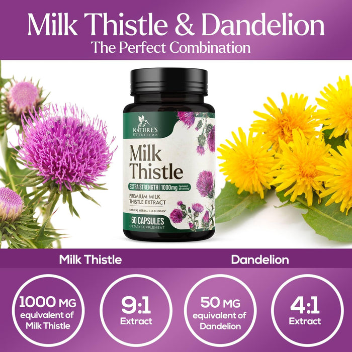Nature's Milk Thistle 1000mg - Herbal Liver Supplement - Best Milk Thistle Liver Cleanse Detox & Repair Formula with Dandelion Root Extract & Silymarin Marianum, Supports Liver Health