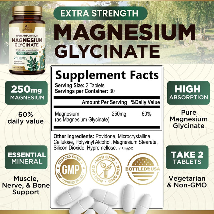 High Absorption Magnesium Glycinate Supplement, 250 mg, Best Magnesium Supplement 100% Chelated for Max Absorption