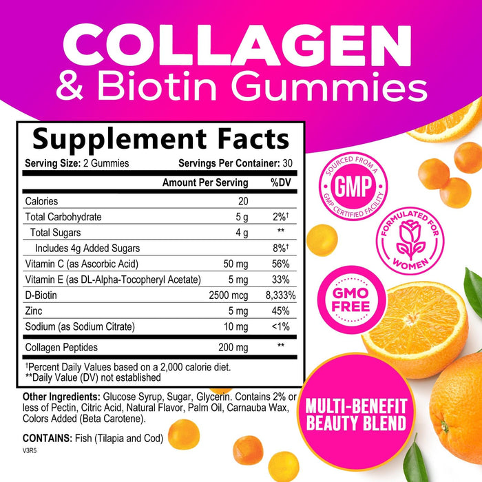 Collagen & Biotin Hair Vitamin Gummies - Extra Strength for Healthy Hair, Skin & Nails Growth Support - Collagen Peptides Gummy Supplement with Vitamins C & E - Orange Flavored, Non-GMO