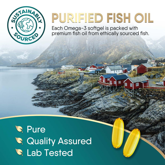 Triple Strength Omega 3 Fish Oil 2400 mg Softgels, Nature's Fish Oil Supplements, Brain & Heart Health Support - EPA & DHA, 1200 MG Fish Oil in Each Softgel, Omega-3 Supplement Softgels