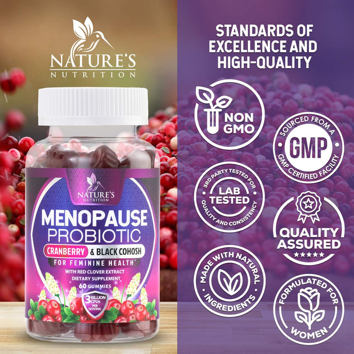 Menopause Probiotic for Women Gummy with Cranberry, 3 Billion CFU, Natural Menopause Relief for Hot Flashes, Night Sweats, PH Balance, Mood Swings, Immune Support, Probiotic Supplement - 60 Gummies