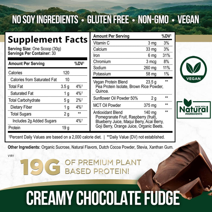 Premium Vegan Protein Powder, Creamy Chocolate Fudge - 19g & 100% Plant Based Protein & Fast Absorbing Premier Isolate for Smoothies & Shakes - Non Dairy, Non Whey, Soy & Gluten Free - 30 Servings