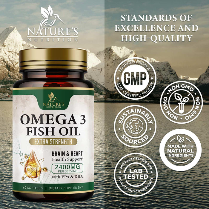 Fish Oil 2400 mg with Omega 3 EPA & DHA - Triple Strength Omega 3 Supplement - Omega 3 Fish Oil Supports Heart Health, Nature's Brain & Immune Support - Non-GMO Fish Oil Supplements